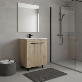 24" Oak Wood Freestanding Double Door Bathroom Vanity With White Sink