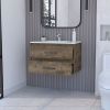 32" Dark Brown Wood Floating Bathroom Vanity With White Sink And Two Drawers