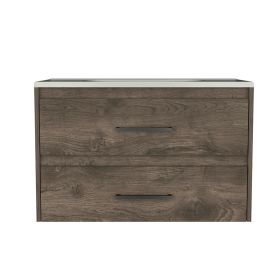 32" Dark Brown Wood Floating Bathroom Vanity With White Sink And Two Drawers