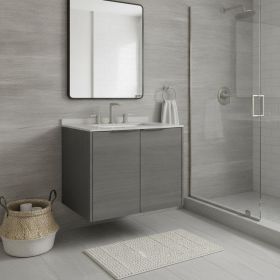 24" Gray Wood Floating Double Door Bathroom Vanity With White Sink