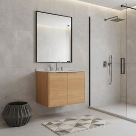 24" Brown Wood Floating Double Door Bathroom Vanity With White Sink