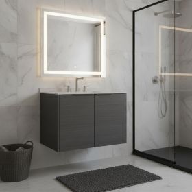 30" Gray Wood Floating Double Door Bathroom Vanity With White Sink
