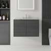 30" Gray Wood Floating Double Door Bathroom Vanity With White Sink