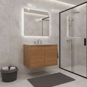 30" Brown Wood Floating Double Door Bathroom Vanity With White Sink