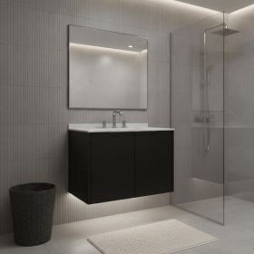 30" Black Wood Floating Double Door Bathroom Vanity With White Sink