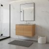 36" Brown Wood Floating Double Door Bathroom Vanity With White Sink