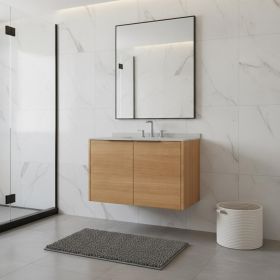 36" Brown Wood Floating Double Door Bathroom Vanity With White Sink