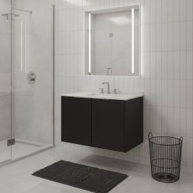 36" Black Wood Floating Double Door Bathroom Vanity With White Sink
