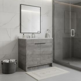 36" Gray Wood Freestanding Double Door Bathroom Vanity With White Sink