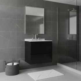 24" Black Wood Floating Bathroom Vanity With White Sink And Two Drawers