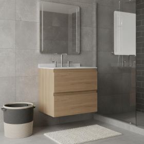 24" Brown Wood Floating Bathroom Vanity With White Sink And Two Drawers