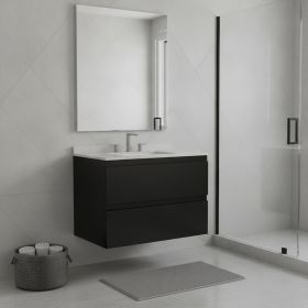 30" Black Wood Floating Bathroom Vanity With White Sink And Two Drawers