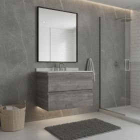 30" Gray Wood Floating Bathroom Vanity With White Sink And Two Drawers