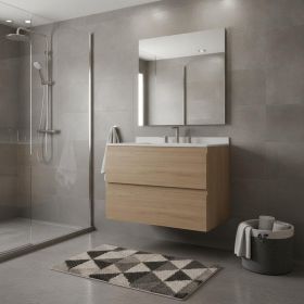 30" Brown Wood Floating Bathroom Vanity With White Sink And Two Drawers