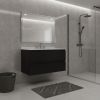 36" Black Wood Floating Bathroom Vanity With White Sink And Two Drawers