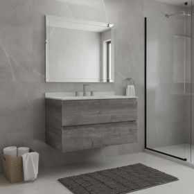 36" Gray Wood Floating Bathroom Vanity With White Sink And Two Drawers