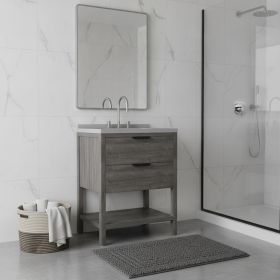30" Gray Wood Freestanding Bathroom Vanity With White Sink And Two Drawers