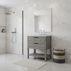 36" Gray Wood Freestanding Bathroom Vanity With White Sink And Two Drawers