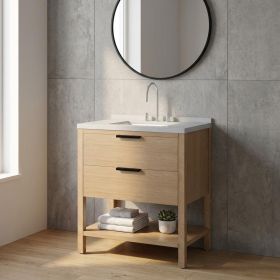 36" Brown Wood Freestanding Bathroom Vanity With White Sink And Two Drawers