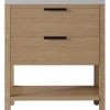 36" Brown Wood Freestanding Bathroom Vanity With White Sink And Two Drawers