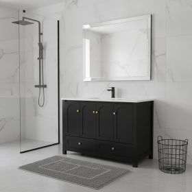48" Black Wood Freestanding Four Door Bathroom Vanity With White Sink And Two Drawers
