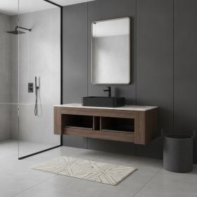 48" Brown Wood Floating Bathroom Vanity With Black Sink And Two Drawers