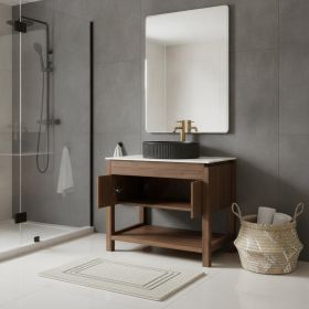 36" Brown Wood Freestanding Double Door Bathroom Vanity With Black Sink