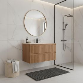30" Brown Wood Floating Bathroom Vanity And Two Drawers