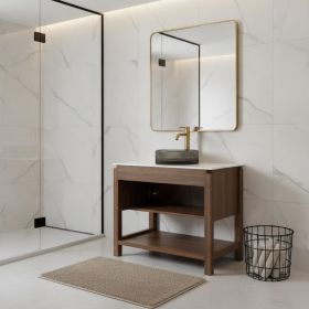 36" Brown Wood Freestanding Bathroom Vanity With Black Sink