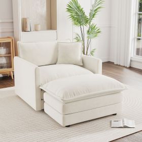 Modern Accent Chair with Ottoman, Living Room Club Chair Chenille Upholstered Armchair , Reading Chair for Bedroom, White