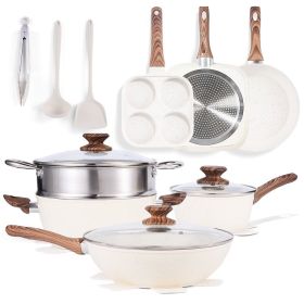 17 Pcs Non-Stick Pots and Pans, Non-toxic Kitchen Cooking Set with Stay-Cool Handles, Beige