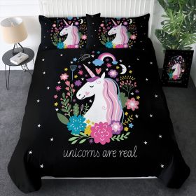 3 pcs Unicorns Are Real Dover Cover Set for Girls, Black Background Floral Unicorn Bedding Set