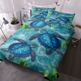 3pcs Sea Turtle Duvet Cover, Blue Ocean Watercolor Sea Turtle Bedding Set, Tropical Underwater Turtle Bedspread with Pillowcases