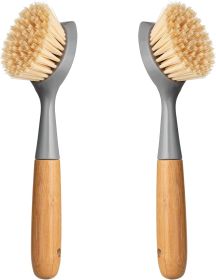 2 Pack Kitchen Dish Brush Bamboo Handle Dish Scrubber Built-in Scraper, Scrub Brush for Pans, Pots, Kitchen Sink Cleaning