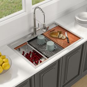 33 Inch Single Bowl Top Mount Drop In Stainless Steel Workstation Kitchen Sink With Bottom Grid and Basket Drain and Roll-Up Drying Rack and Cola