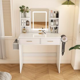 LED Mirror Vanity Dressing Table with Lights for Women & Girls - 3-Color Adjustable Light Strips, 2 Large Drawers