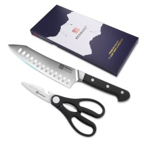 2Pcs Chef Knife Set Stainless Steel Kitchen Shears Scissor Cutlery Slicing Gift (Option: BlacK)