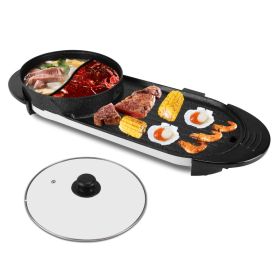 2200W  2 In 1 Electric Hot Pot With BBQ Grill Cooker Smokeless Non-Stick Korean BBQ Grill Shabu Shabu Hot Pot With Independent Temperature Contro (Option: BlacK)